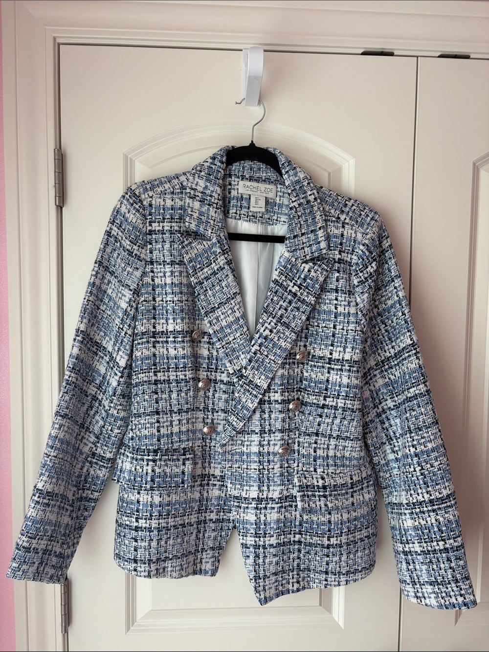 Rachel Zoe Navy and White Tweed Double-Breasted Blazer